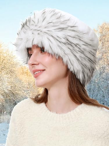 sy soul young Women's Leopard Faux Fur Hats Fluffy Bucket Hat Russian Style - color: White and Black Tips