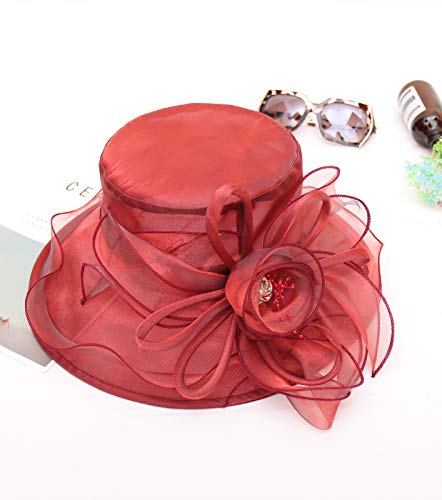 Women's Kentucky Derby Church Dress Hat Wide Brim Leaf Flower Bridal Shower Hat - color: F3 Wine