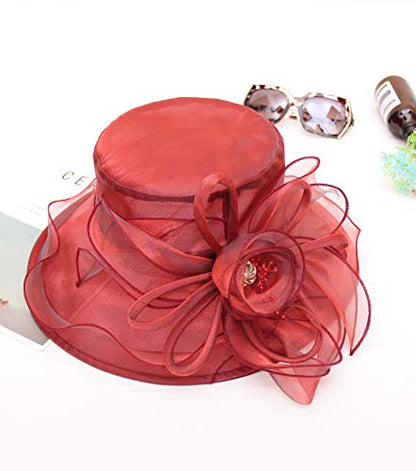 Z&X Organza Church Fascinator Wedding Tea Party Derby Hats for Women Flower Wide Brim Sun Hats - color: 022 Wine Red