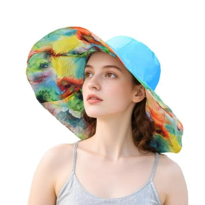 Women Super Wide Brim Beach Hat Reversible Floppy Sun Hat Packable Travel Bucket Cap Visor UPF50+ - color: Blue
