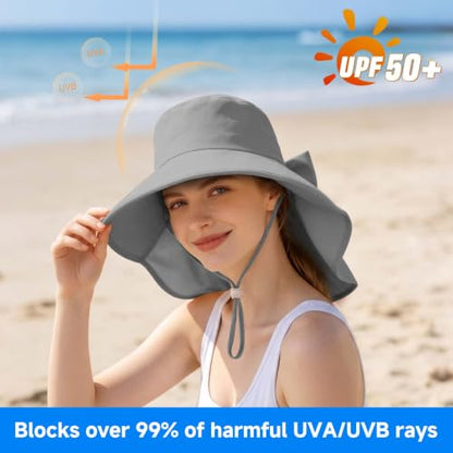 Womens Ponytail Hole Sun Hat with Neck Flap Outdoor UPF 50+ - color: Grey