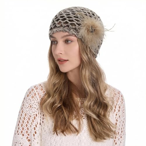 ZLYC Women Crochet Beanie Hat Summer Handmade Knit Decorated Skull Cap - color: Feather Khaki Mixed Gray