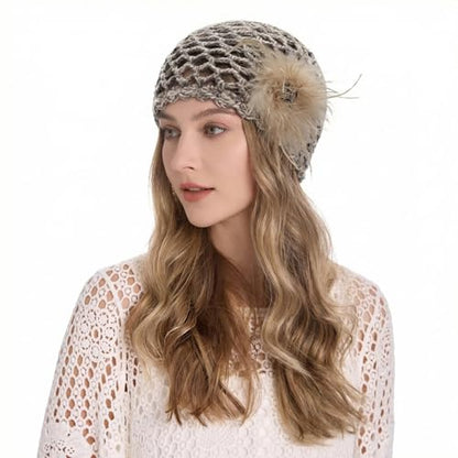 ZLYC Women Crochet Beanie Hat Summer Handmade Knit Decorated Skull Cap - color: Feather Khaki Mixed Gray