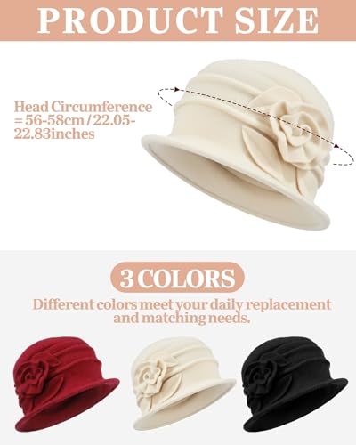 3 Pcs Church Hat for Women Cloche Bucket Winter Beret Hat French 3D Floral Wool Fleece Winter Cap Headgear, 56-58cm - color: Black White Dark Red