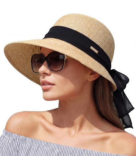 Packable Floppy Sun Hat for Women, Wide Brim Foldable Beach Hat with Soft Sweatband for Sun Protection, Travel & Summer - color: Mix Caramel-black