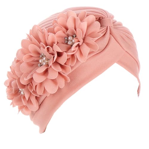 Flower Pre-Tied Turban Beanie, Soft Chemo Cap for Women Cancer Hair Loss - color: Light Pink