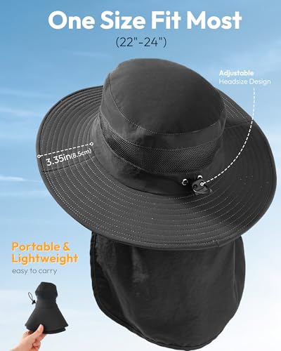 Sun Hats for Men Wide Brim Bucket Hat with Neck Flap for Fishing & Hiking Mens Sun Hat for UV Protection - color: Black