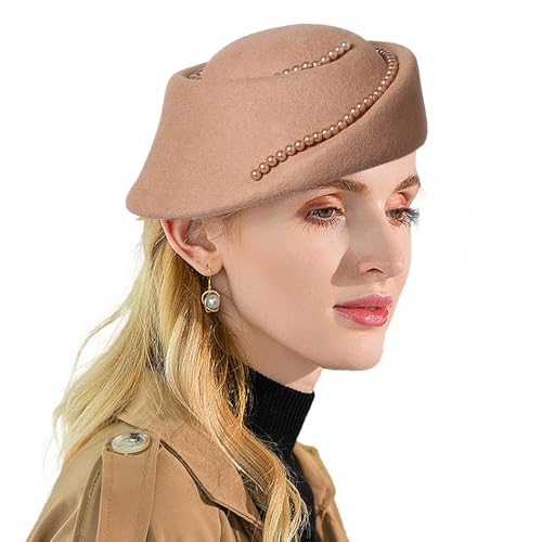 Small Top Hats for Women Elegant Winter Vintage Beret Wool Felt Fedoras Ladies Luxury Wedding and Church Cap Female - color: Camel 2