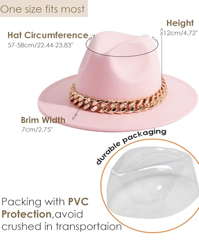 Men & Women Wide Brim Fedora Hat with Chain Buckle - color: Chain Belt-pink