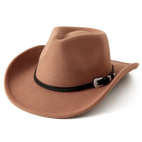 JOYEBUY Kids Western Cowboy Hat for Boys Girls Classic Fedora Hat Felt Cowboys Hats with Leather Buckle - color: Khaki