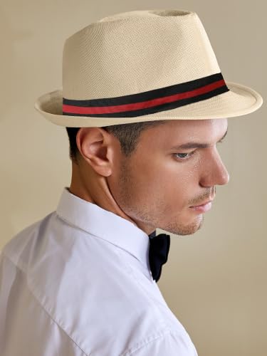 BABEYOND Men's 1920s Short Brim Trilby Fedora Hat - color: A-beige With Stripes