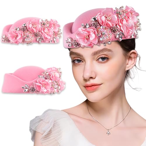 Women's Retro Stewardess Felt Hat, British Berets, Rhinestone Flower Decor, Ladies' Church Derby Hat - color: Pink
