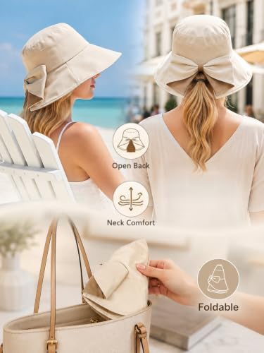 Women Bowknot Wide Brim UPF50+ Foldable Travel Beach Sun Hat - color: Black