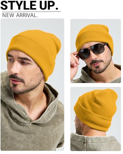 100% Cotton Beanie Lengthen Cuffed Beanies Knit Winter Hats Unisex - color: 1-yellow