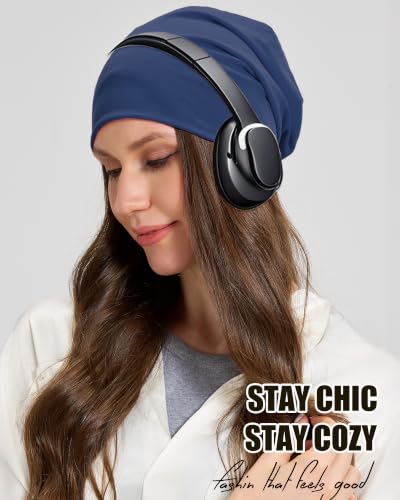 100% T-Shirt Cotton Slouchy Beanie Women Men,Lightweight Chemo Hat - color: Navy Blue(2-layer)