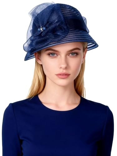 Kentucky Fascinators Hat with Flower Veil Wedding Pillbox Hats Pearl Rhinestone Women Cocktail Fedoras Derby Cap - color: Navy