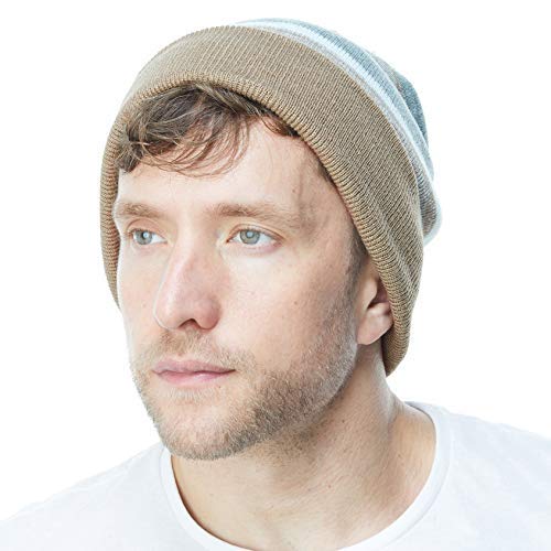 Winter Knit Beanie Hat with Pom Pom – Warm Cuffed Slouch Ski Cap for Men & Women - color: 1.khaki and Grey With Pom