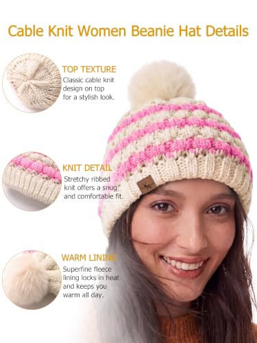 Winter Hats for Women Cable Knit Chunky Skull Cap Fleece Lined Thick Fold Cuff Beanie hat - color: Pink & Cream Beanie, style: Pineapple