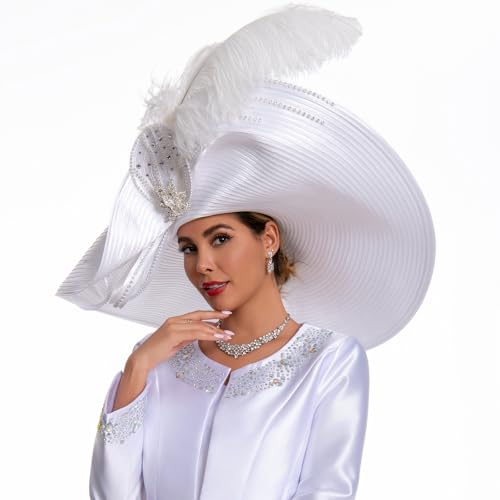 Women's Dramatic Giant Wide Brim Rhinestone Church Hat Statement Turban Fascinator for Wedding Chapel Baptist Sunday - color: 19-white