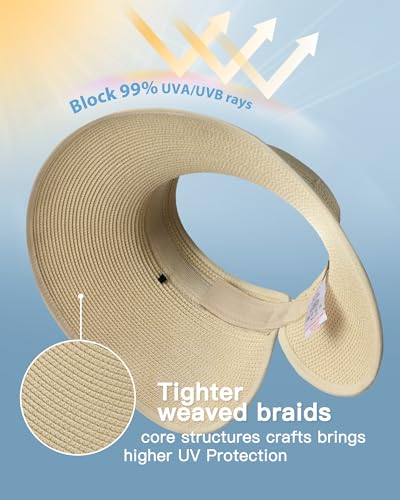 FURTALK Womens Sun Hat with Ponytail Hole Wide Brim Beach Straw Visor - color: Beige