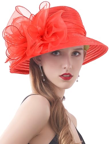 Women's Kentucky Derby Church Dress Hat Wide Brim Leaf Flower Bridal Shower Hat - color: 01 Red