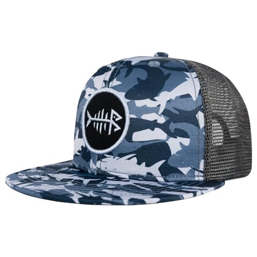 BASSDASH Flat Brim Trucker Cap Adjustable Snapback Hat Mesh Back for Men Women - color: Shark Camo