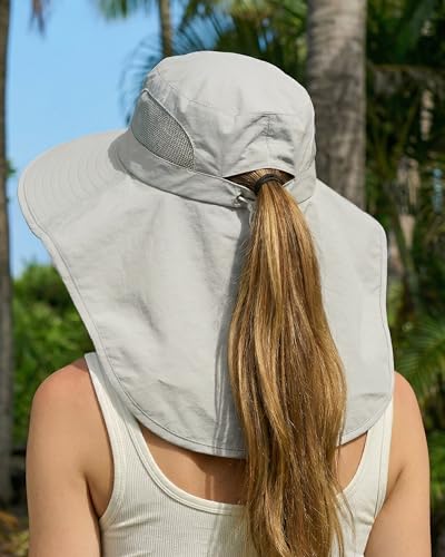 Women Sun Hats UV Protection Wide Brim with Bucket Ponytail Hole - color: Light Gray