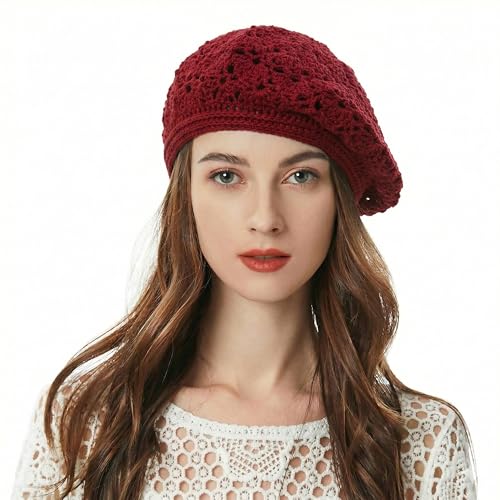 ZLYC Women Cotton Slouchy Crochet Beret Handmade Cutout Floral Beanie Hat - color: Crocheted Red