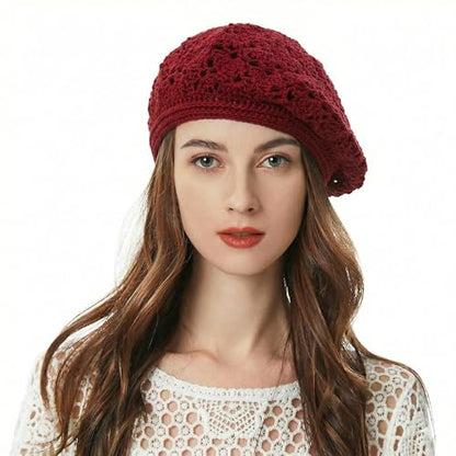 ZLYC Women Cotton Slouchy Crochet Beret Handmade Cutout Floral Beanie Hat - color: Crocheted Red