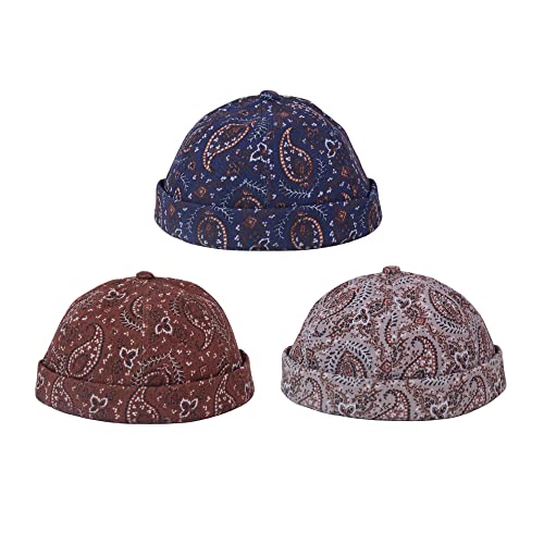 Mens Printed Docker Cap Hats Beanie Sailor Cap Hat Rolled Cuff Retro Brimless Hat - color: Caramel+khaki+navy