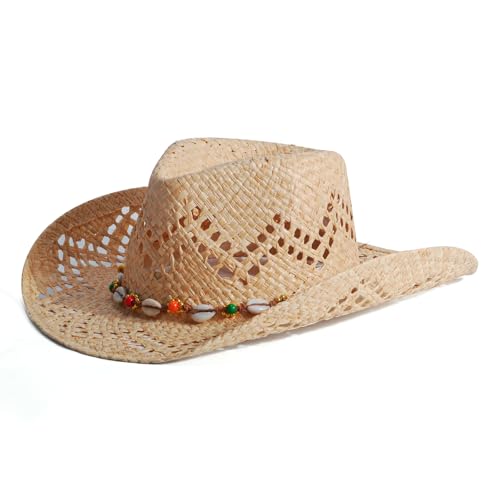 Straw Cowboy Cowgirl Hats for Women Men Summer Beach Hat Shapeable Brim - color: Colorshell