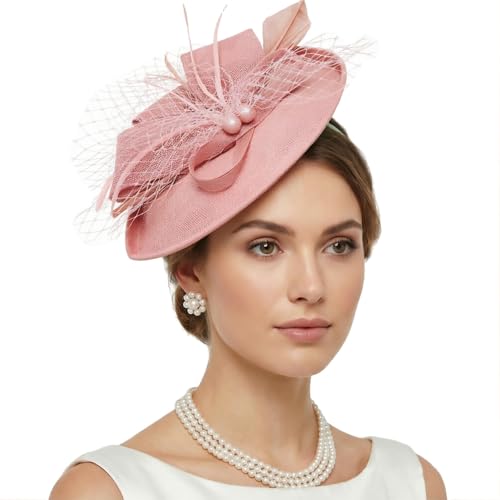 DRESHOW Fascinators Hats for Women Tea Party Hat Vintage Derby Pillbox Kentucky Hat Church Cocktail Headwear - color: 9.5" Diameter / Nude Pink