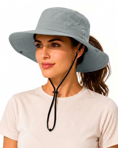 Wide Brim Waterproof Bucket Rain Hat for Women Men UPF50+ Cowboy Sun Hat - color: Light Gray