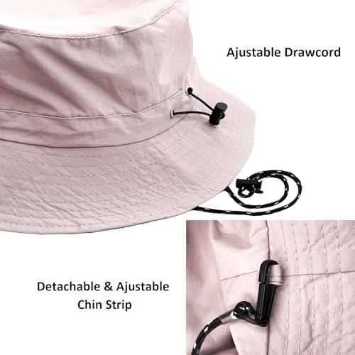 woogwin Waterproof Bucket Rain Hat with Chin Strap Quick Dry Packable Boonie Sun Hat Safari Hat UV Protection - color: Light Pink