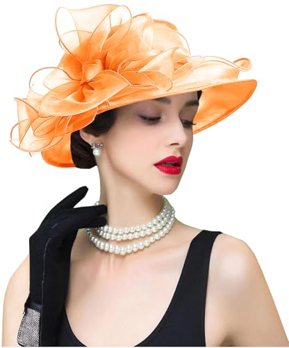 ORIDOOR Women's Organza Cloche Bowler Hat Derby Fascinator for Tea Party Bridal Wedding Hat - color: 011c1-light Orange
