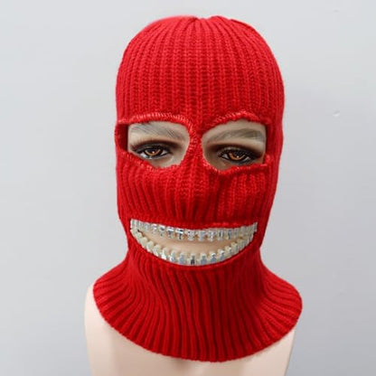 Ski Mask Knitted Full Face Cover Balaclava Knit Ski Thermal Knitted Head Wrap Winter Hat for Halloween Sports Cycling - color: Red Hat Gold Teeth