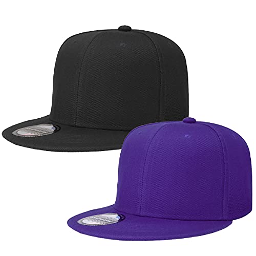 Classic Snapback Hat Cap Hip Hop Style Flat Bill Blank Solid Color Adjustable Size - color: 2pcs Black & Purple