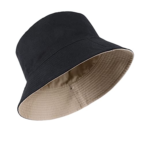 XXL Oversize Bucket Hat, Reversible Cotton Fisherman Hats, Unisex Double Side Wear Bucket Sun Hats with Chin Strap - color: Black-beige, size: X-Large