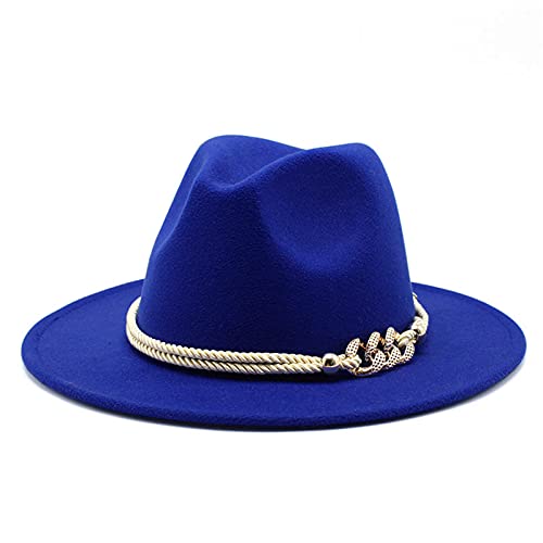 Lady Wide Brim Felt Fedora Panama Hat with Ring Belt - color: Royal Blue, size: Medium