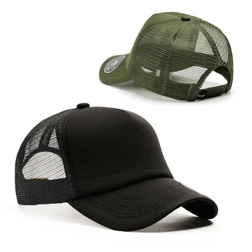 2-Pack Classic Foam Trucker Hat Summer Mesh Hat Lightweight Adjustable Back Buckle Strap - color: Black/Green