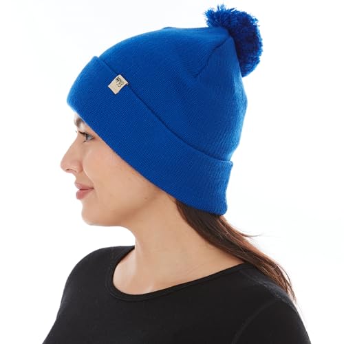 100% Merino Wool - Midweight Cuff Pom Beanie - Winter Pom Pom Hat - color: Royal Blue
