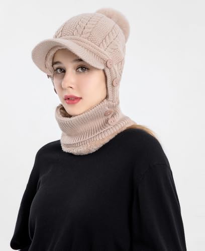 HUAMULAN Women Cable Knit Balaclavas Winter Fleece Lined Beanie Hat - color: Khaki With Pompom