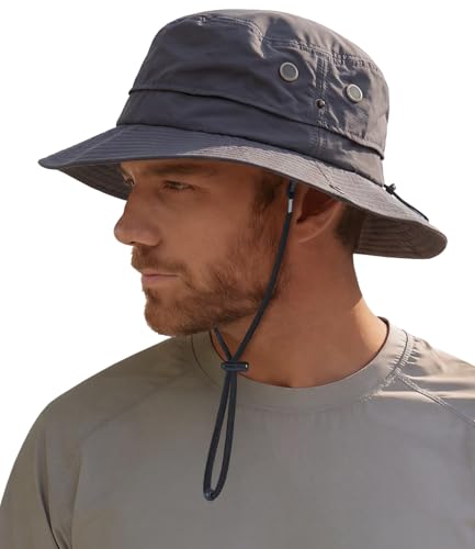 Hat Hut Mens Waterproof Bucket Rain Hat, UPF50+ Sun Hat, Wide Brim, Packable, All-Weather Outdoor Hiking Fishing Hats - color: Dark Grey