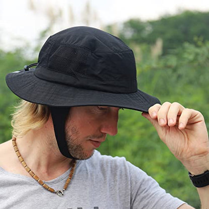 Men Bucket Hat Wide Brimmed Foldable Ladies Surf Sun Hat UPF50+ - color: Black