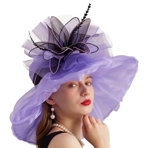 Women Organza Church Derby Hat Wide Brim Sun Caps for Wedding Tea Party Hat with Detachable hat Flower as Headgear - color: 10-purple