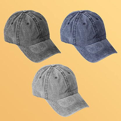 MEINICY 3 Packs Washed-Cotton Plain Baseball Cap, Adjustable Dad Hat - color: Black+gray+navy