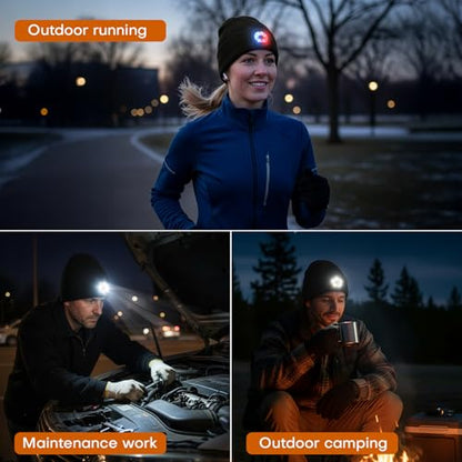 Beanie with Light, Unisex USB-C Rechargeable Headlamp Beanie Flashlight Beanie Hat for Men Women 5 LED Super Brightness Black - color: Black