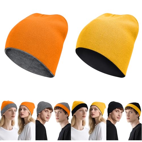 ZOORON Reversible Skull Caps for Men Women Reversible Beanie with -Double Side Warm Winter Fisherman Beanie - color: A-2pack-grey/Orange+black/Yellow