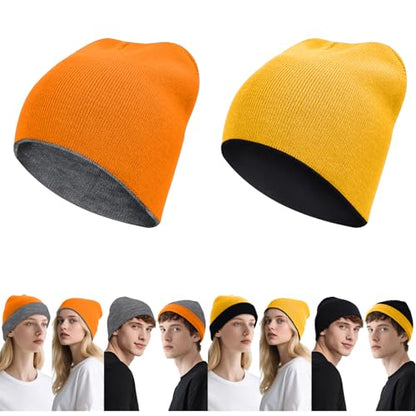ZOORON Reversible Skull Caps for Men Women Reversible Beanie with -Double Side Warm Winter Fisherman Beanie - color: A-2pack-grey/Orange+black/Yellow