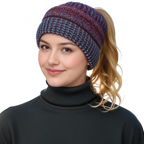 Women Ponytail Beanie 2-Pack, Thick Thermal Soft Acrylic Winter Skull Cap - color: A & C